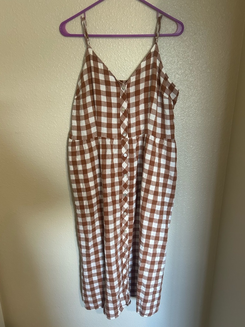 Brown and White Gingham Button-Front Midi Dress